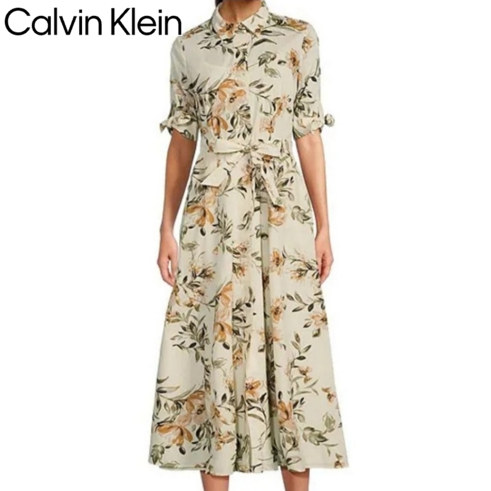 Calvin Klein Floral Cotton Tie-Waist Midi Shirt Dress